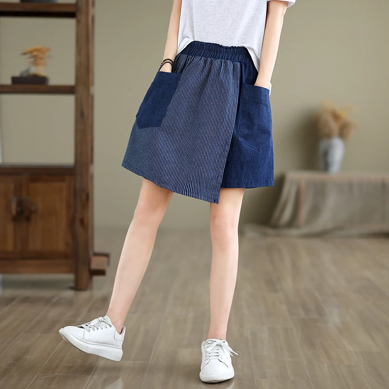 

plus Size Denim Skirt orts Women Summer ort A-Line Five-Part Pants Striped orts Blue Thin l Waist Summer 2024