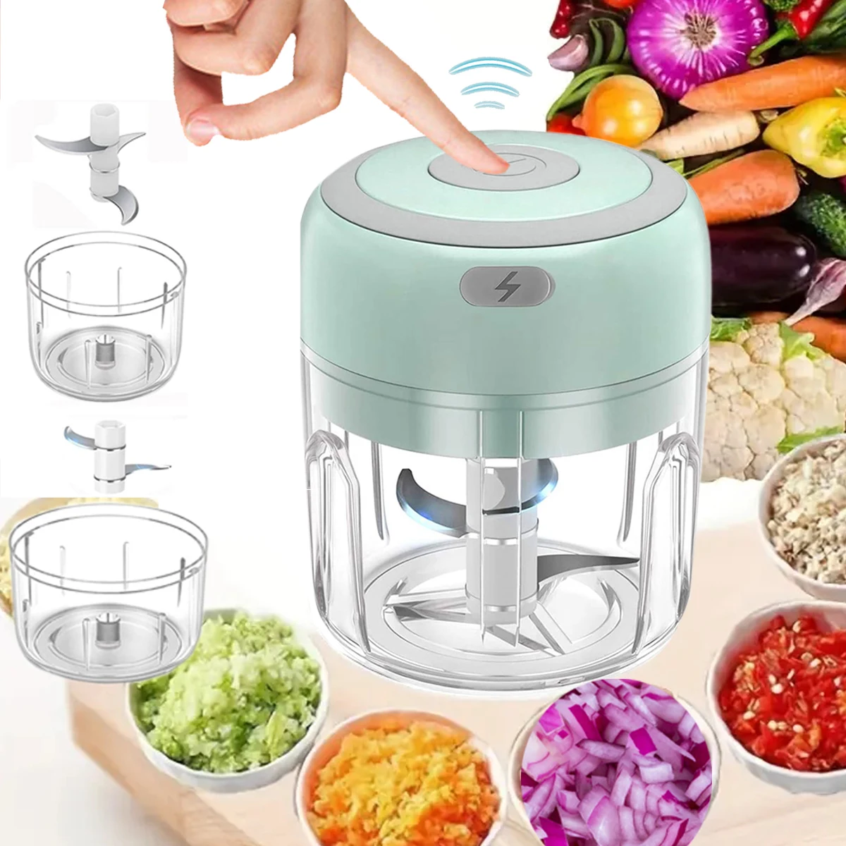 Electric Food Chopper(250ML), 3 Blades for Chopping,Grinding, Mincing, Whisking, 30W