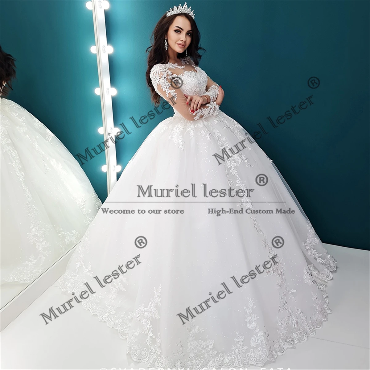 공주풍 볼 가운 웨딩드레스, 신부용 O넥 레이스 아플리케 브라이덜 가운, 맞춤 제작 긴팔 드레스, 웨딩드레스