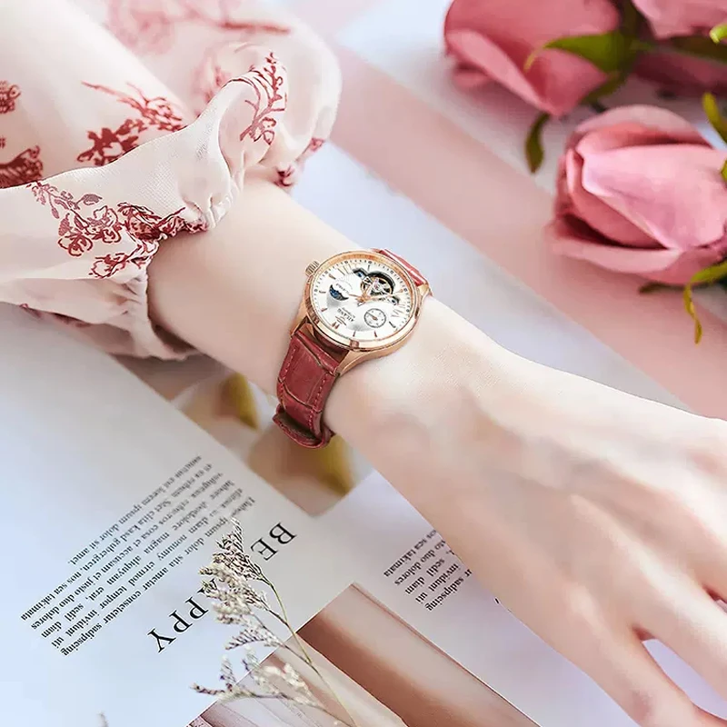 AILANG Brand Luxury Tourbillon Watches Women Fashion Leather Automatic Mechanical Ladies Watch Sport Relogio Feminino Girl 2023