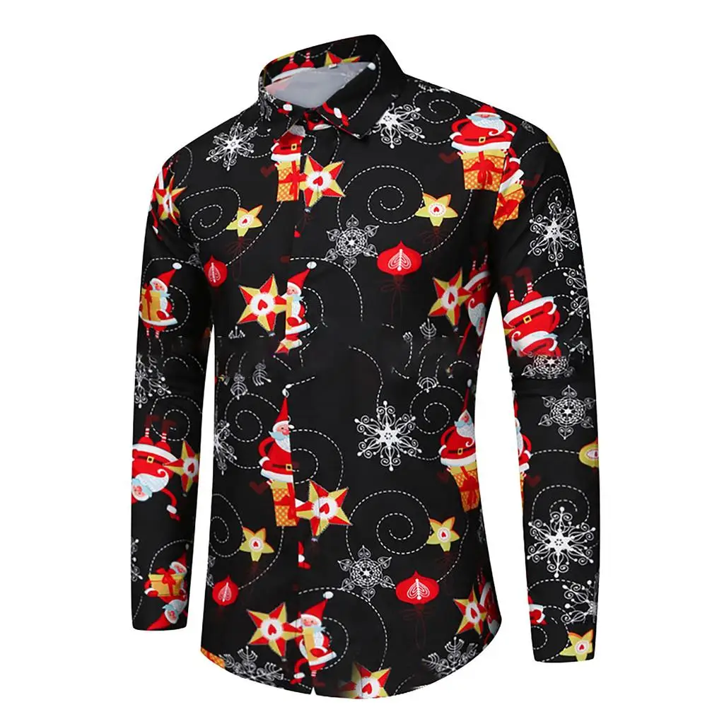 Christmas Men's 3D Snowflake Santa Claus Gift Small Pattern Festive Atmosphere Lapel Long Sleeve Shirt Casual Slim Shirt