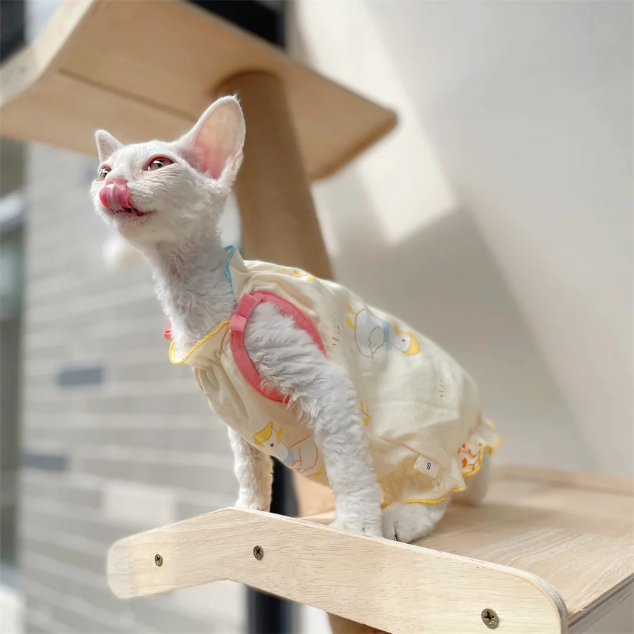 Sweet Cotton Lace Dress for Sphynx Cat Summer Cute Duck Vest for Female Kittens Soft Beige pajamas for Devon Rex T-Shirt for Cat