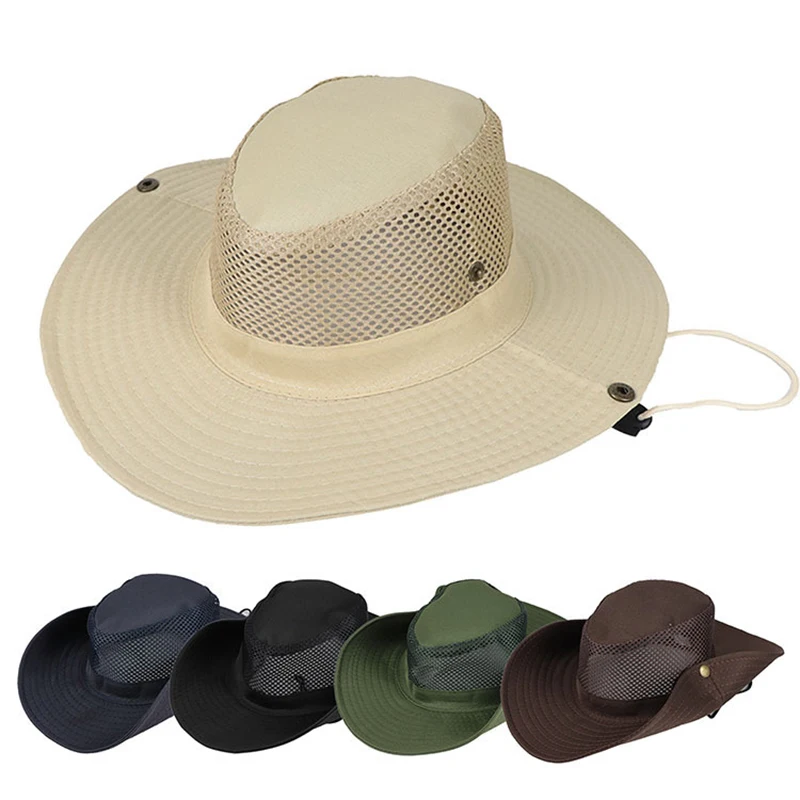 Summer Cool Mountaineering Cap Mesh Breathable Men Sun Hat Large Brim Outdoor Visors Fashion Solid Color Male Fisherman Hats