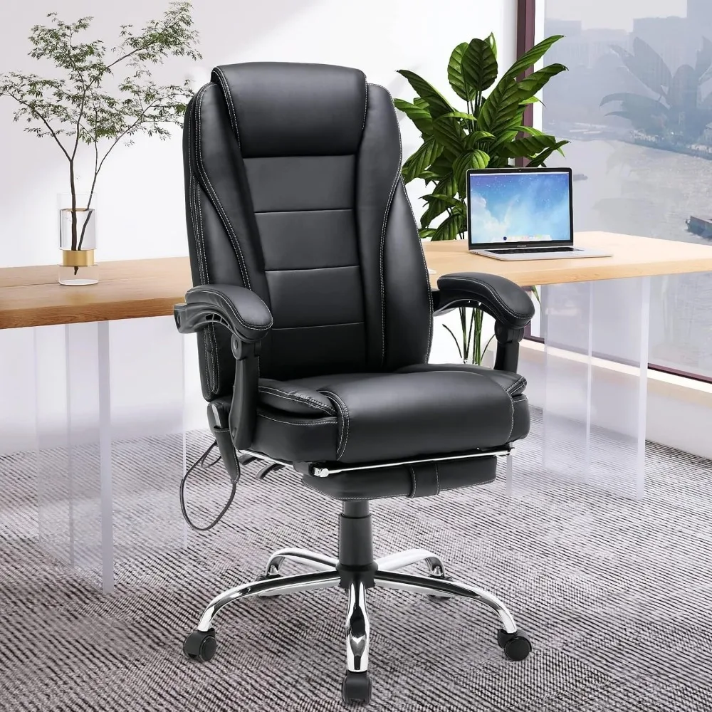 4-Point Massage Reclining Office Chair, Leather Heating Executive Chair, Ergonomic Home Office Desk Chair with Footrest