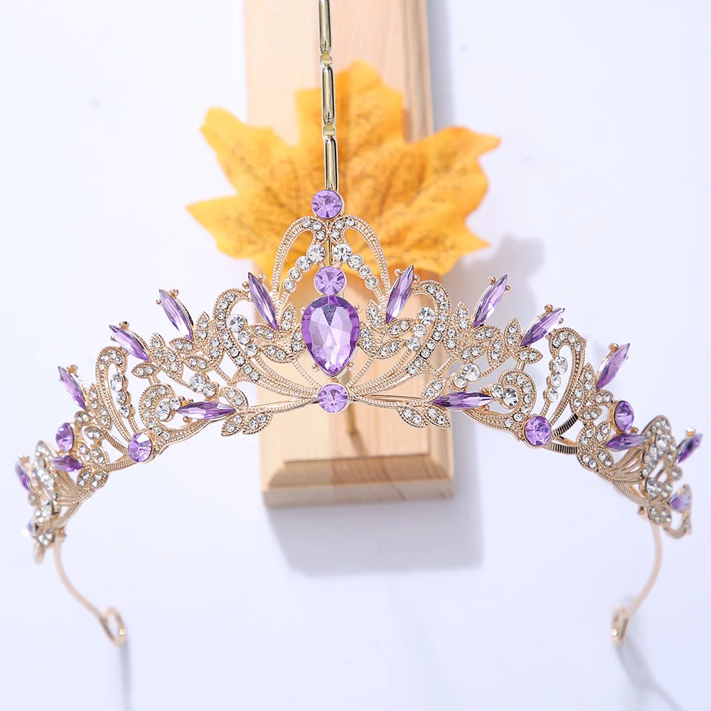 KMVEXO Vintage Black Purple Tiara Crown Crystal Rhinestone Wedding Hair Accessories Queen Princess Crown More Color Head Jewelry