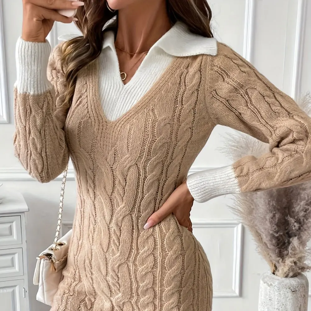 カジュアルなミディアム丈のAラインドレス、ストレートスリーブ、ラウンドネックデザイン、ボディフィットスタイル、レディースファッション衣料