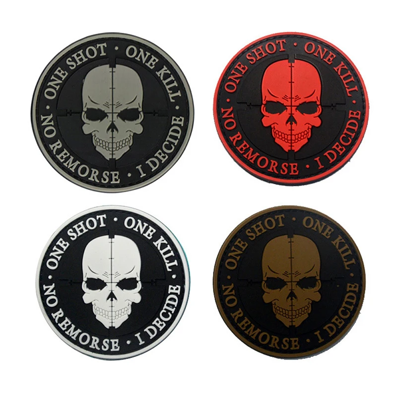 Tactical PVC Patches 3D Black Sniper One Shot One Kill No Remorse I Decide Morale Badge Rubber Fastener Applique Backing Sticker