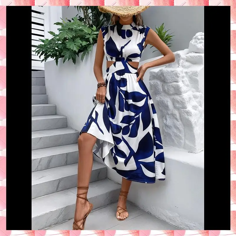 Women's Summer Dress Floral Print Cutout Batwing Sleeve Round Neck A-Line High Waist Midi Dress
