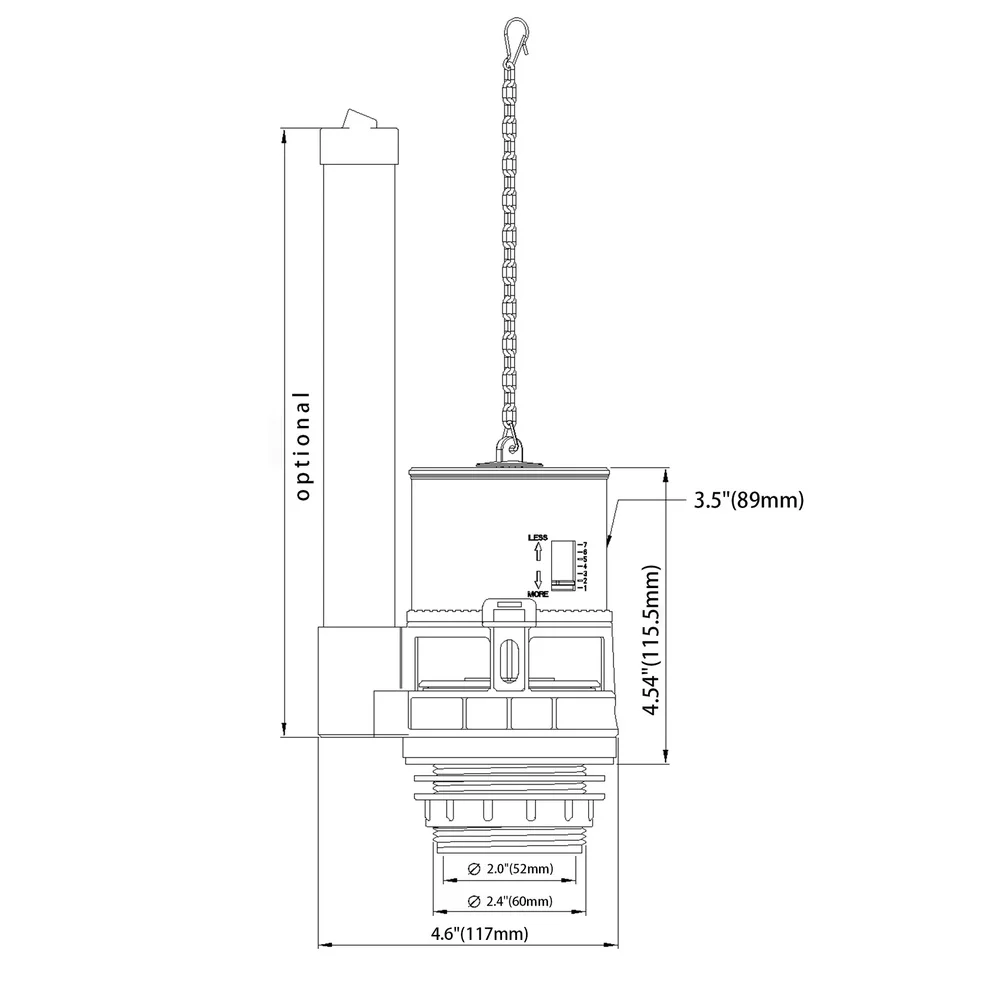 Single Flush ABS Toilet Valve Featuring Pull-Up Activation Silicone Seal and Overflow Pipe Positioning Options