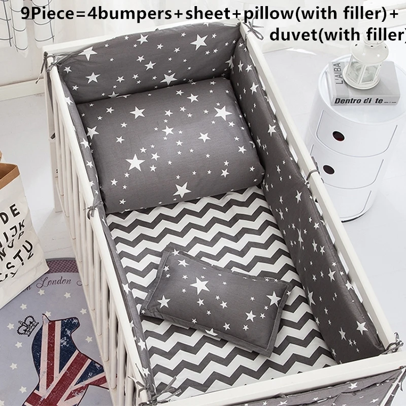 

6/9PCS Black Baby Crib Bedding Set Infant Nursery Room Baby Breathable Baby Boy Crib Set 4Bumpers Duvet Sheet Pillow