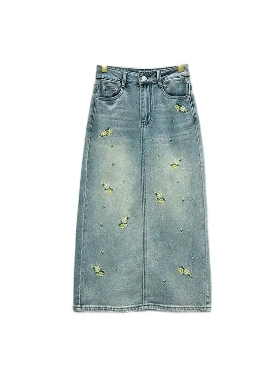 Denim Skirts Embroidery Split Female Vintage Fashion Clothing Casual Spring Summer High Waist A-Line Commute Zipper Midi Skirts