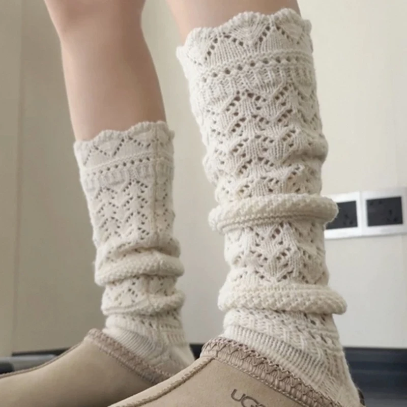 

Autumn Winter Women Knitted Socks Comfort Versatile Soft Hollow Out Design Mid-Calf Pure Color Sweet Stockings Home Long Socks