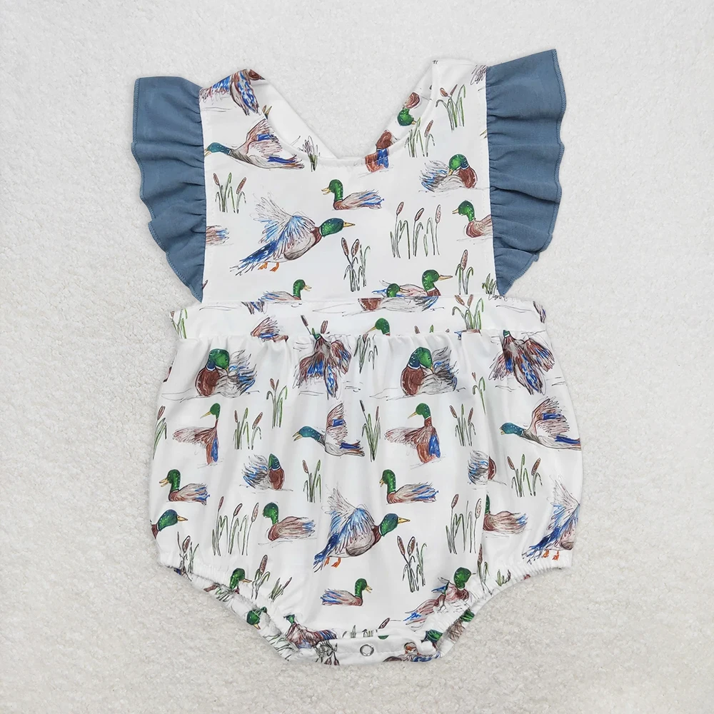 Baby Girls Summer Romper with Duck Straps Ruffle And Flutter Sleeves Cute Duck Design Infant Girls' Summer Clothing