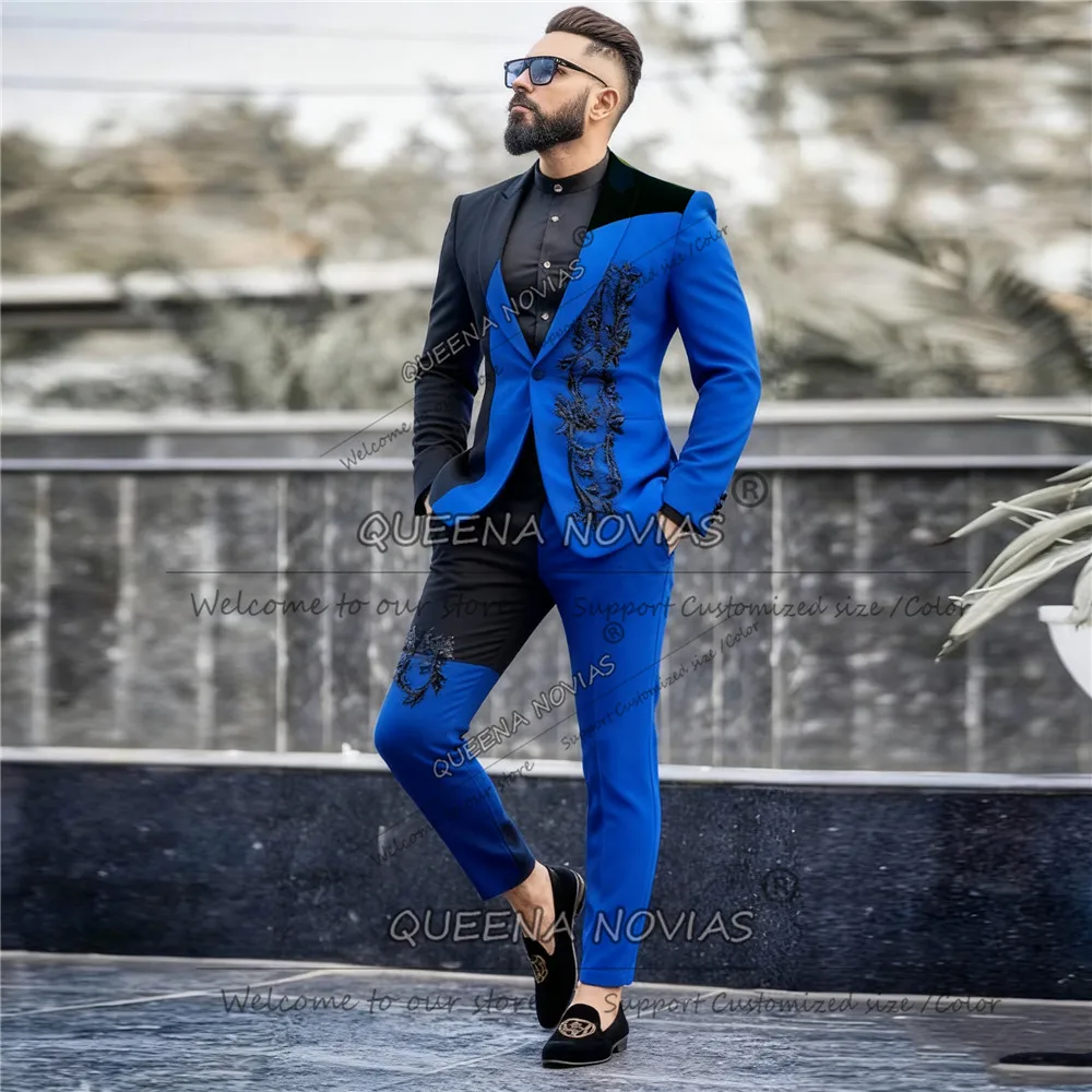 限定スプライス新郎ウェディングスーツ シングルブレストプロムブレザー ユニークデザイン 2ピースセット アップリケ メンズタキシード衣装