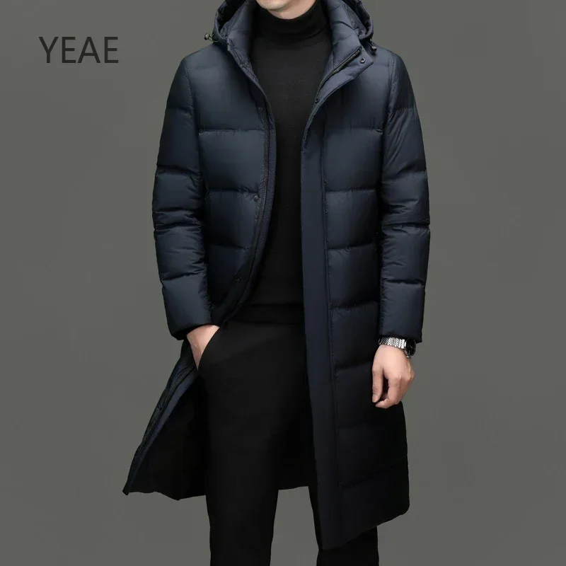 YEAE Men's Long Down Jacket 2024 Winter New Thickened Designer Clothing Men's Hooded Casual Goose Down Filled Jacket Windproof