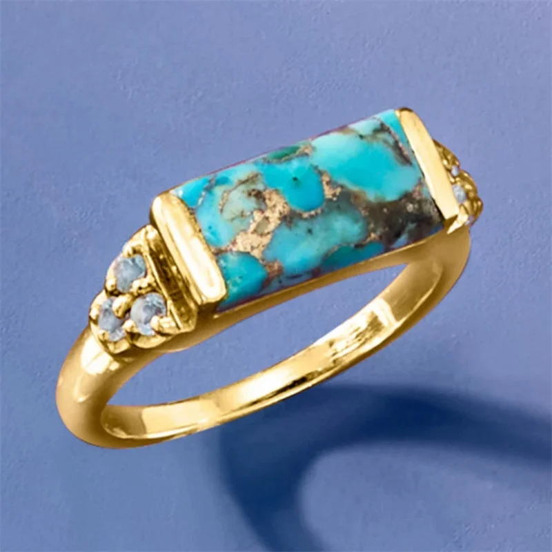Vintage-Ring für Damen mit quadratischem, eingelegtem blauen Stein, ethnische Goldfarbe, handgeschnitzt, für den täglichen Gebrauch, Partyschmuck, Jahrestagsgeschenk