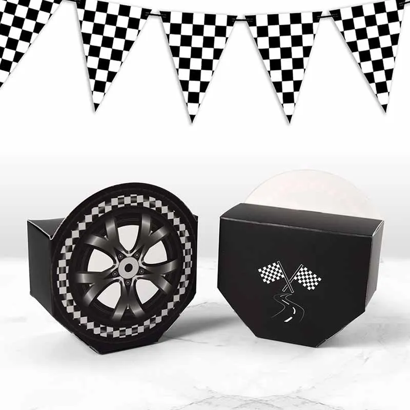 10/20 Stück schwarz-weiße Geschenkboxen mit Reifen-Rennmotiv für Kindergeburtstage, Süßigkeiten-Geschenkverpackungen, Babyparty-Dekoration – Detail 4