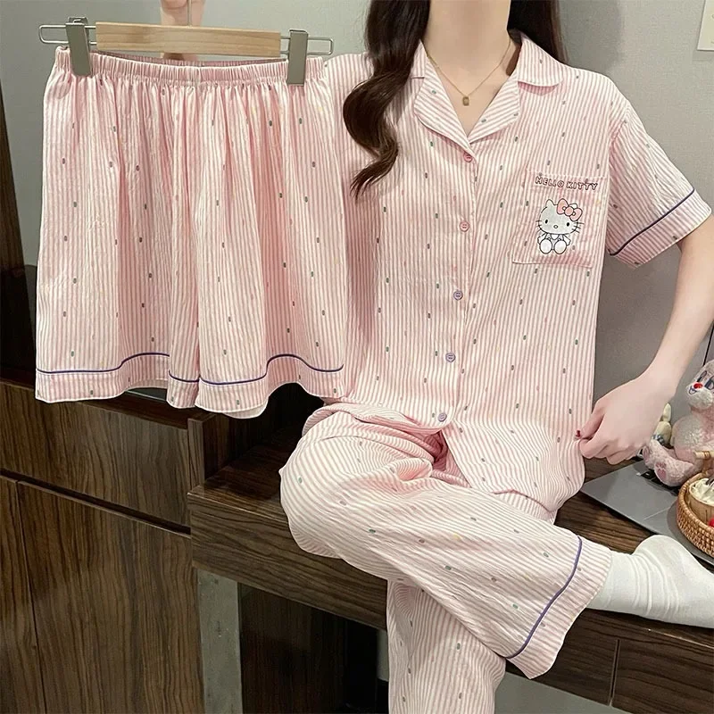 

Пижамы Hello Kitty с подушечками на груди, новый хлопковый комплект из трех предметов с рисунком Sanrio, повседневный женский пижамный комплект Hello Kitty, комплект домашней одежды