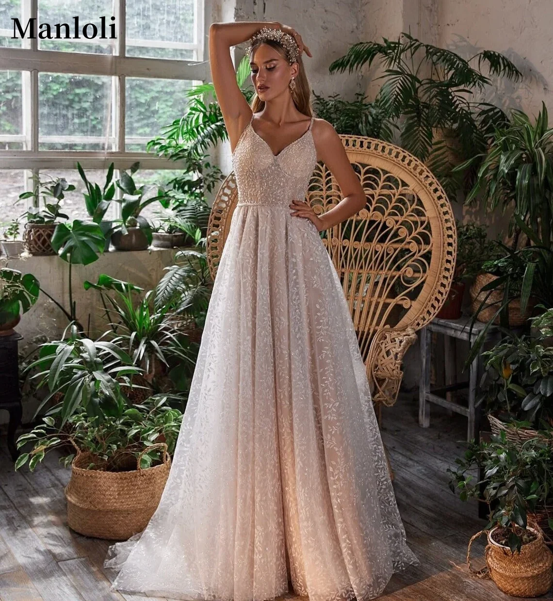 

2026 Charming V-neck Tulle Bridal Gown A-line Spaghetti Strap Wedding Sequin Tight Corset Bride Dress Customization