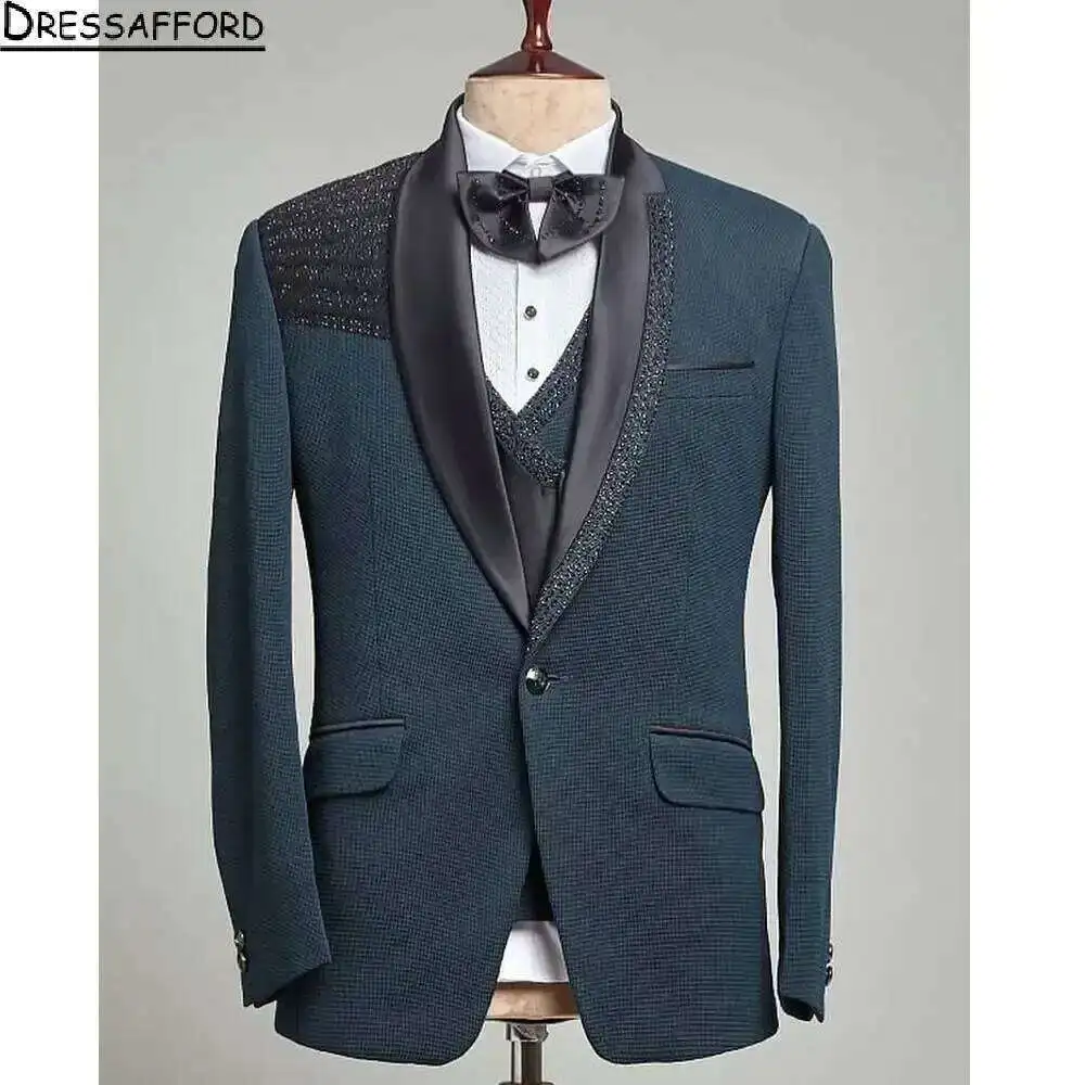 Gorgeous Two Pieces Men Suits Glitter Crystal Groom Wear Jacket + Pants