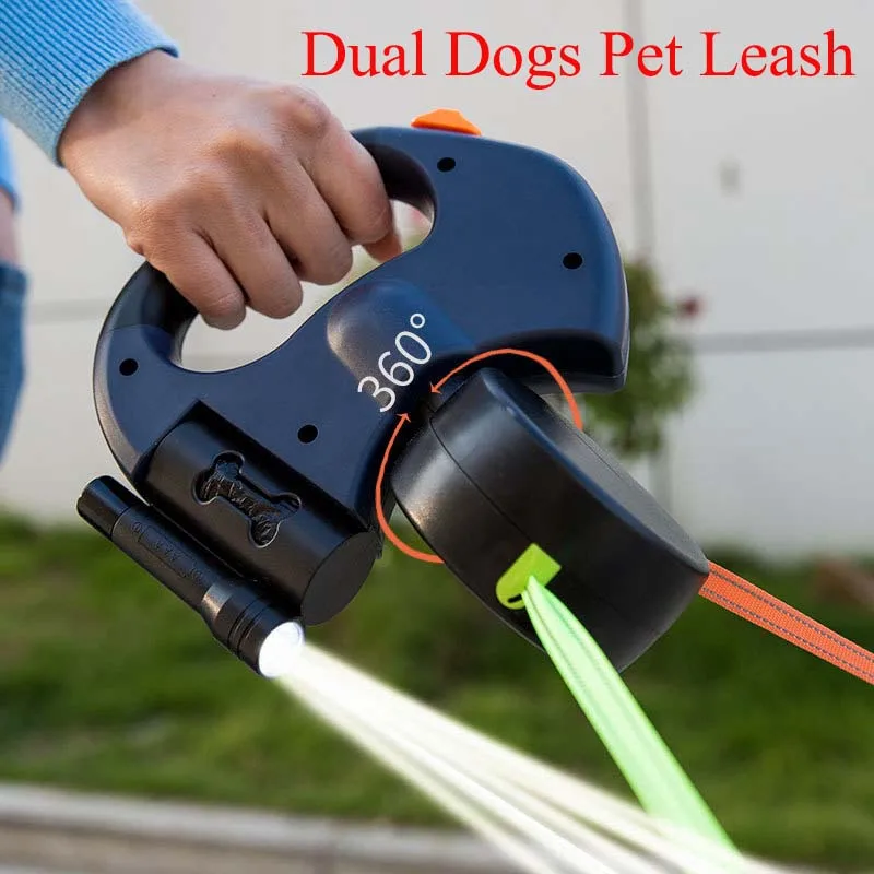 

Dual Dogs Leashes Auto Retractable Pet Cat Traction Rope for 2 Dogs Adjustable Strap Flexible Pet Leash Walking with LED Light