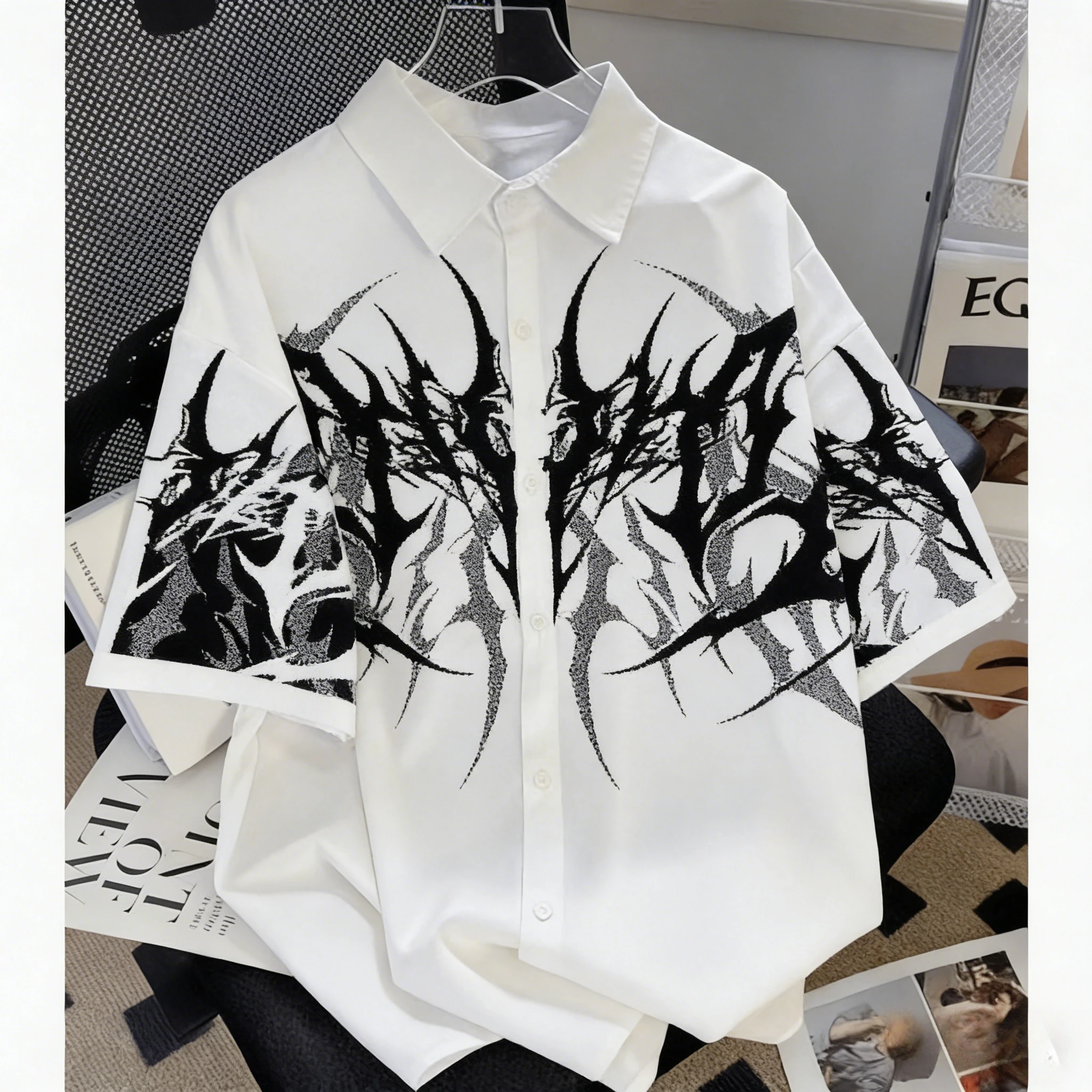 Y2K Cyberpunk Black Shirt Mens Gothic Edgy Thorn Texture Print Polo T Shirt Harajuku Fashion Comfortable Short Sleeves Tops