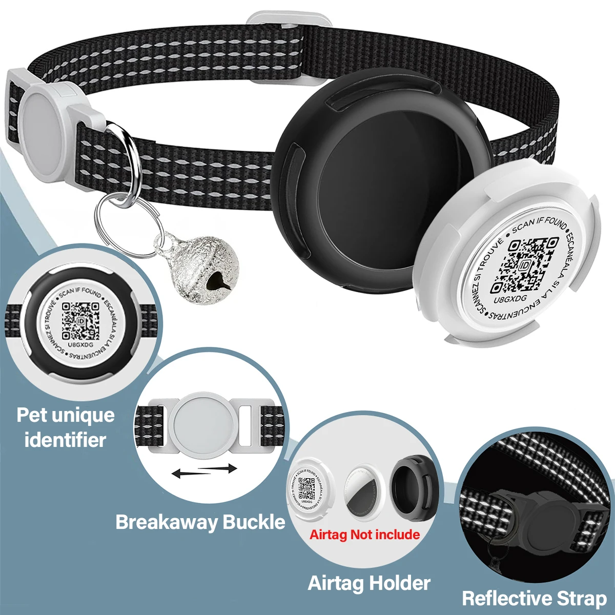 Air Tag Pet Collar with Airtag Holder（No Airtag）& Pet Name QR Code Dual Protection Reflective Cat Collar for Kitten Puppy