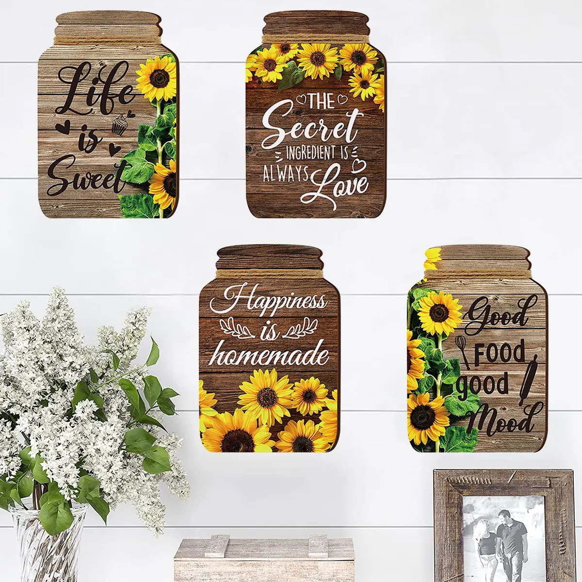 

4 Piece Jar Plaque Rustic Sunflower Wall Logo Inspirational Wooden Jar Plaque Home Wall Hanging Decoration Kitchen Farmhouse Bar