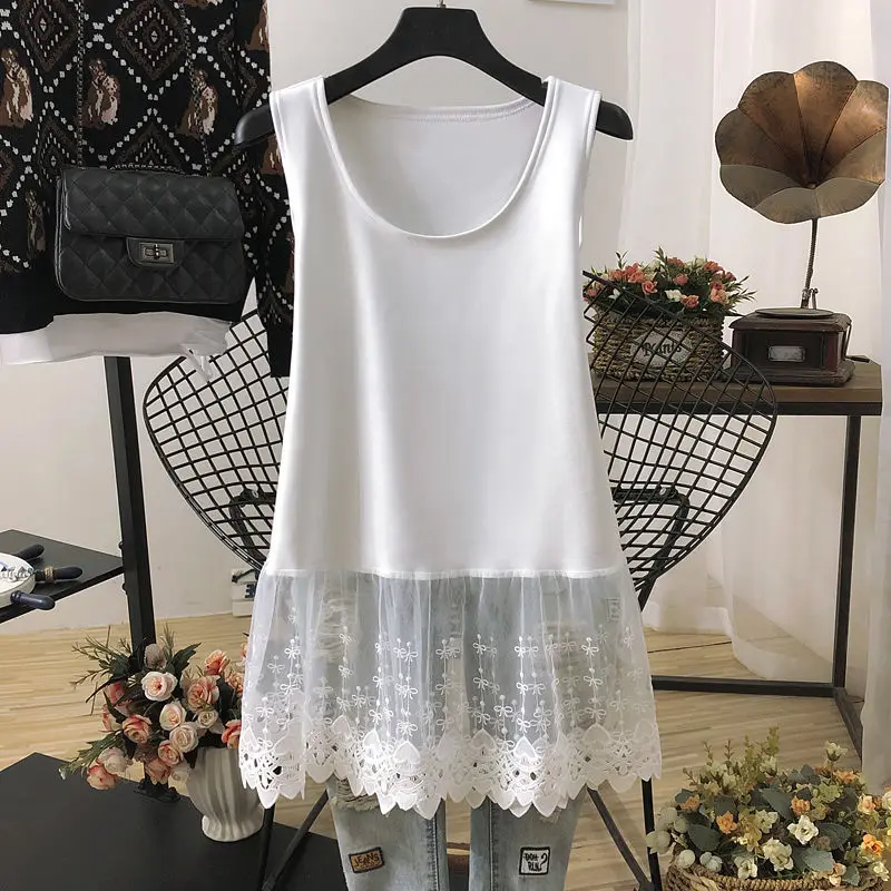 Street Casual Lace Patchwork Tanks Summer New Sleeveless Solid Color Loose Youth White T Shirt Tops Fashion Trend Women Clothing