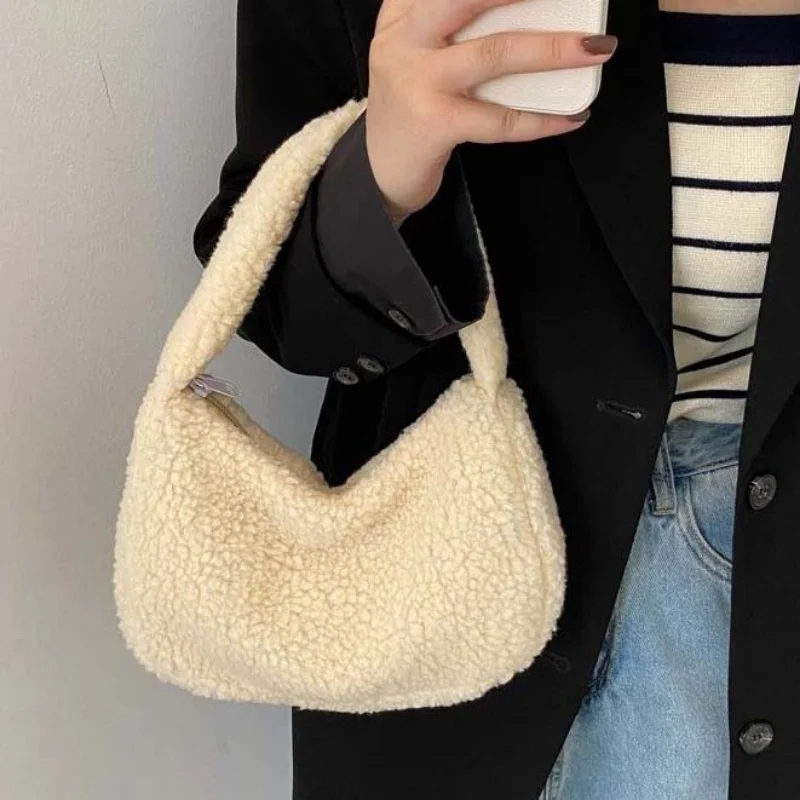 Winter Soft Plush Top-handle Bags Women Zipper Cute Small Bag All-match Sweet Fashion Casual Handbags Female Shopping Coin Pouch