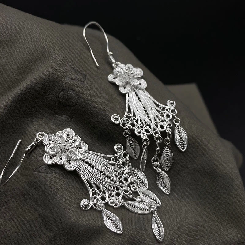 Ethnic Style Pure Handmade Silver Gold-plated Hollow Flower Long Tassel Women's Earrings Selected Vintage Jewelry Gift