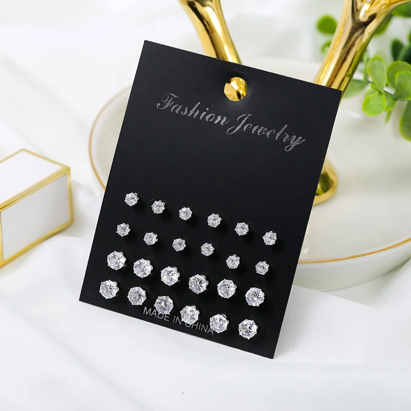 12 Pairs Shiny Zircon Stud Earrings Set for Women Men Daily Versatile Chic Silver Color Crystal Ear Jewelry Accessories