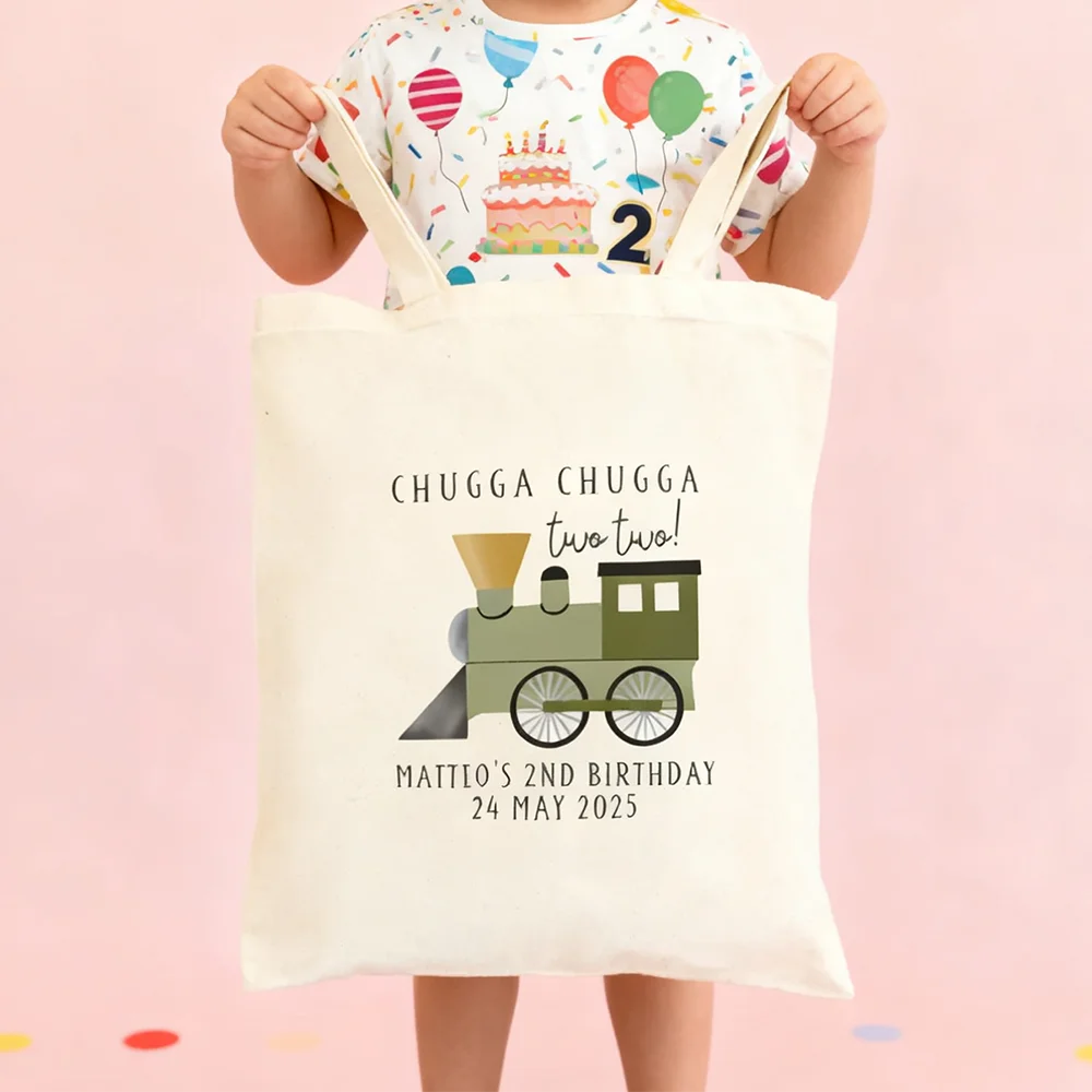 

Personalized Train Party Favor Tote Bags Reusable Cotton Goodie Bags for Birthday Party Baby Shower Decor Chugga Chugga Two Two