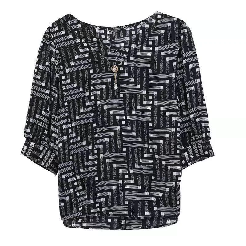 4XL Women Spring Summer Blouses Shirts Lady Fashion Casual Half Sleeve V-Neck Collar Black White Stripes Blusas Tops WY0558