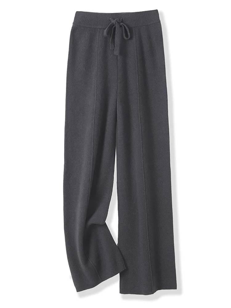 Women's Wide Leg Pants Autumn Winter 100% Merino Wool  Pants Knit Warm Cashmere Trousers Lace Up Elastic Casual Straight Pants