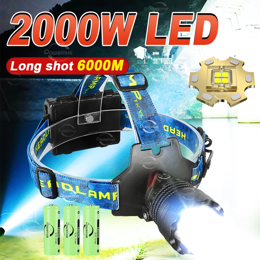 

супер яркая светодиодная фара 2000W Высокая мощность длинный диапазон 6000M голова фонарь 18650 аккумуляторный фар Накрытый фонарь головы работы Глава светодиодный свет Кемпинг Рыбалка Пешеходные походы Глава Факел