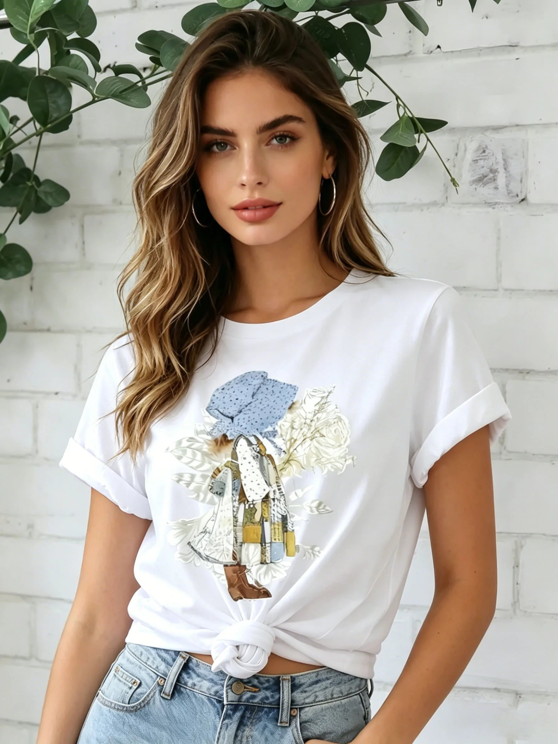 2026 new model Vintage Blue Bonnet Girl  Rose Graphic T Shirt Women Casual Round Neck Short Sleeve Tee Summer Loose  Fashion Top
