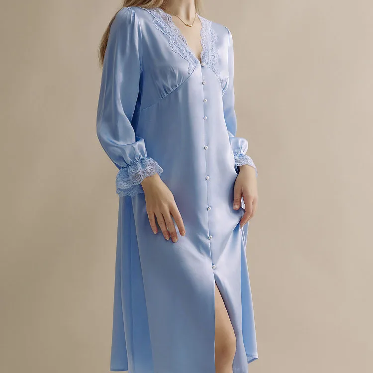 

100% Real Silk Nightgown V-Neck Lace Trim Sleepwear Women Elegant Nightdress Long Sleeve Homewear Soft Bathrobe Gown Nightwear