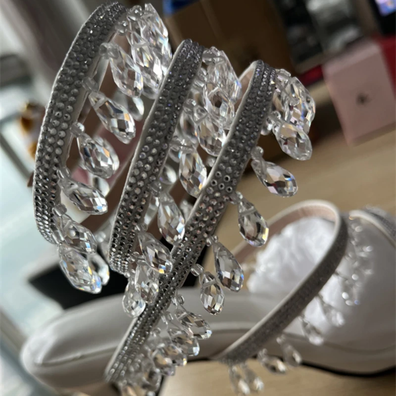 2023 Summer Crystal Pendant Twine Sandals Rhinestone High Heels 10cm Open Toe Women Shoes Party Wedding Bridal Shoes Size 34-43