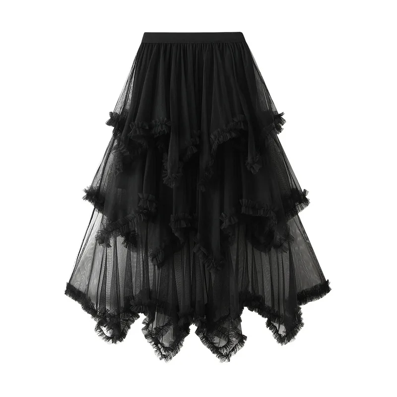 Black fungus edge irregular mesh cake skirt, mid length, high waist, big swing, fluffy fairy gauze skirt, long skirt, 2024 women