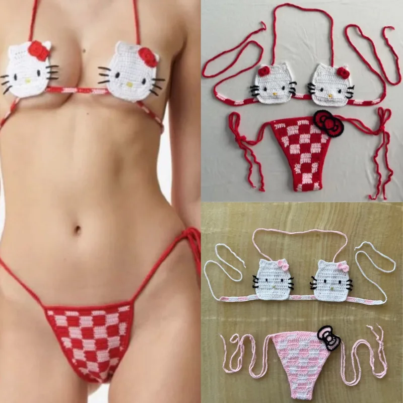 

Hello Kitty Bikini Swimsuit Suit Women 2024 New Europe America Cartoon Sanrio Fashion Knitted Love Interest Bikini Swimsuit Suit