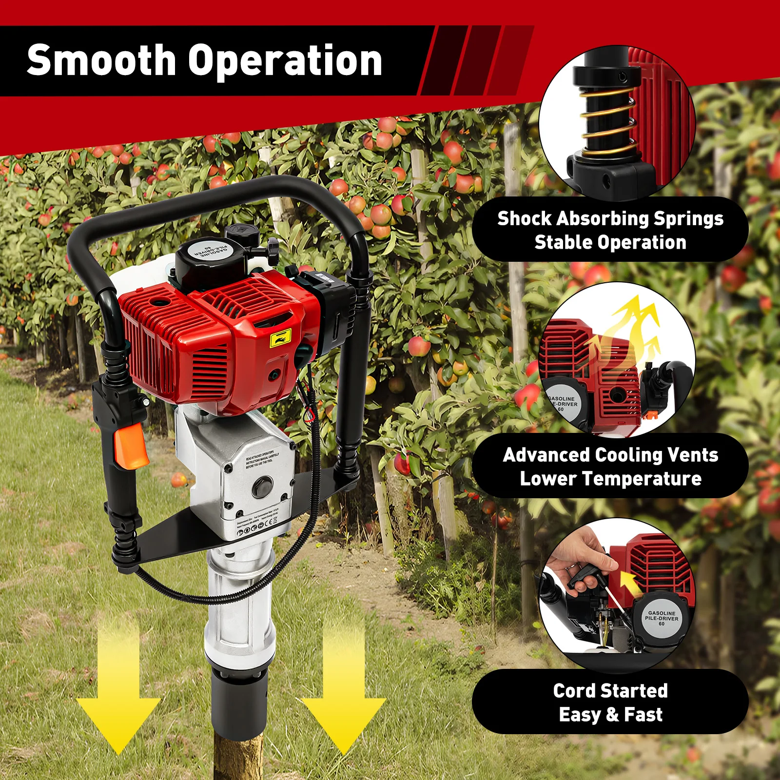 52cc 2 Stroke Gas Powered T Post Driver Piledriver with Vibration Absorbing Springs Petrol Engine Fence Farm Push Pile Excavator