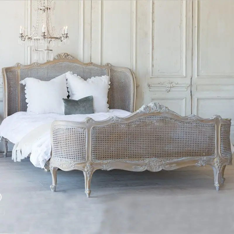 French Bedroom Classic Wood Antique King Carved Rattan Bed Furniture