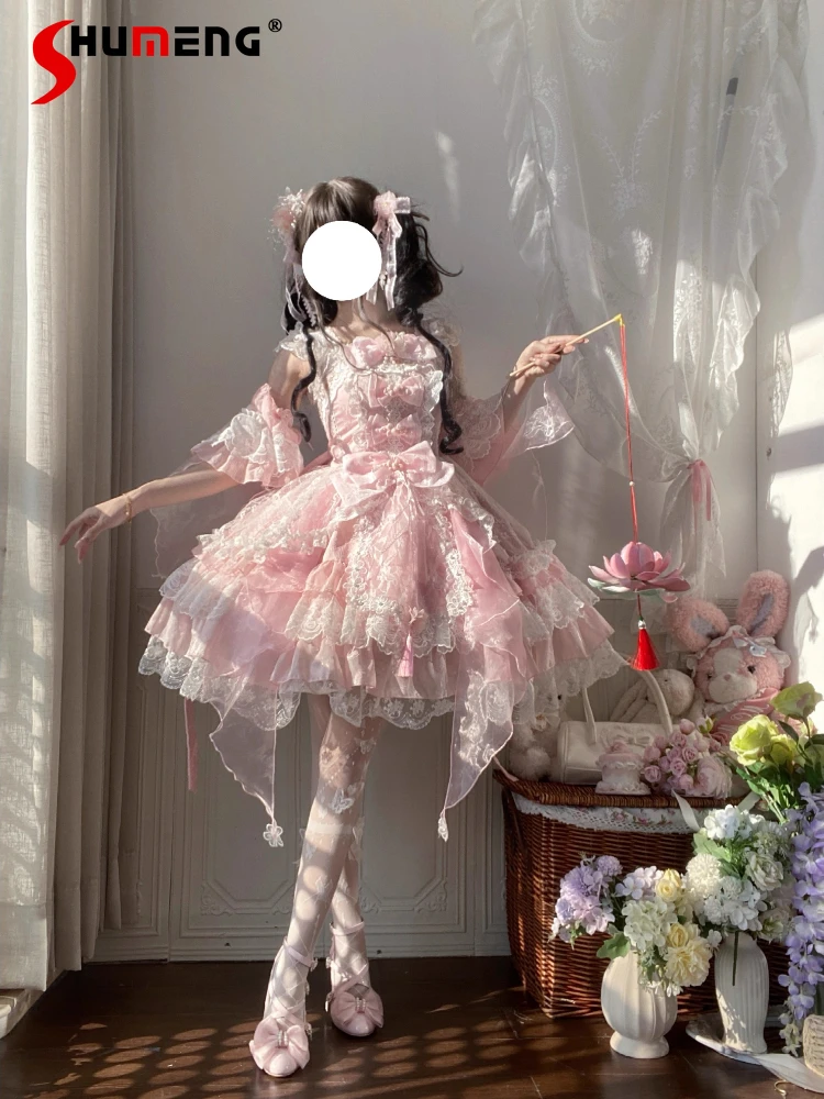

Original Design Sweet Cute Princess Birthday Party Dress Chinese Style Lace Patchwork 3D Bow High Waist Lolita JSK Dress Women