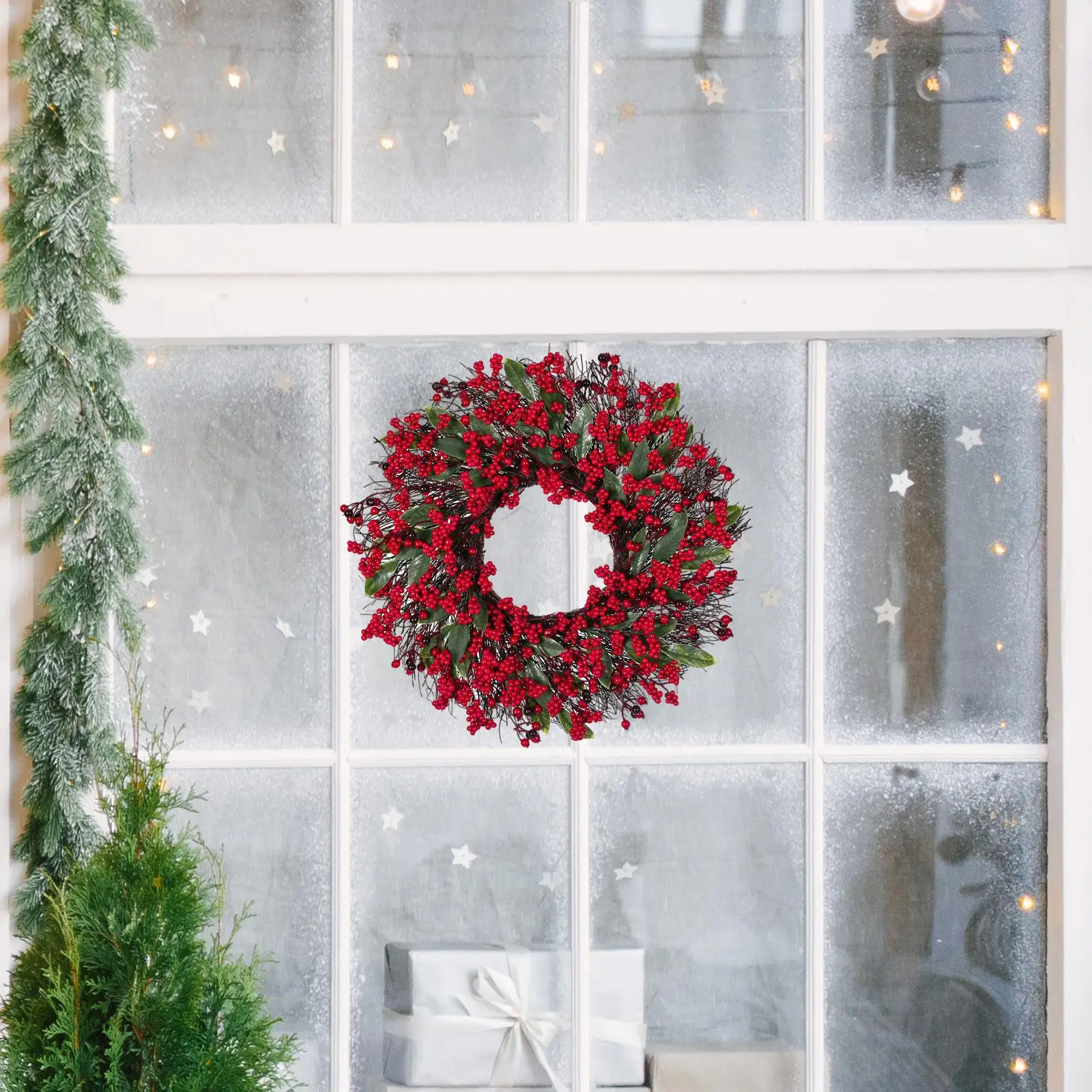 Red Berry Wreath Front Door,Xmas Decorations Hanging Ornament Artificial Christmas Wreath for Office Wall Housewarming Window