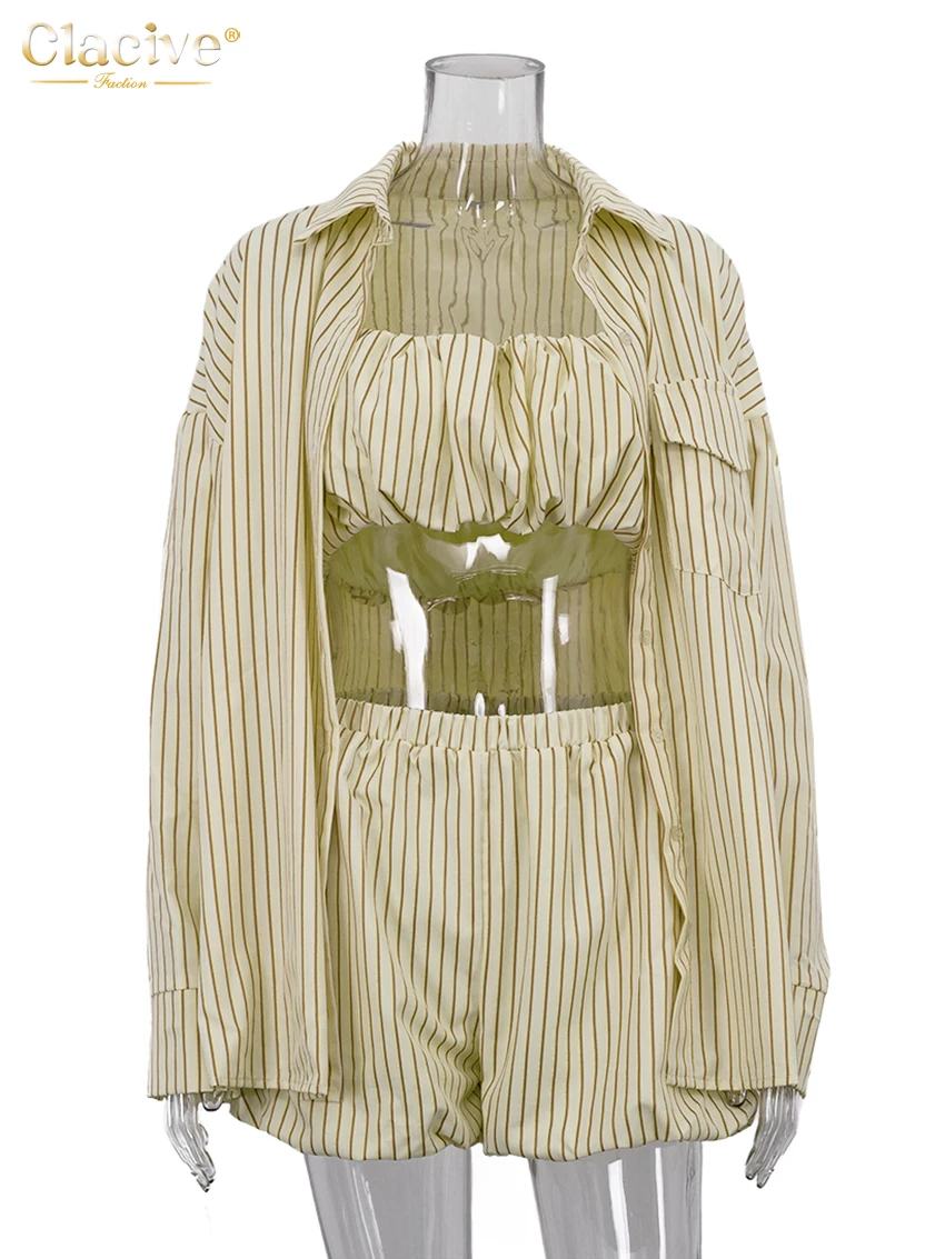 Clacive Fashion Loose Stripe Print 2 Piece Set Women 2025 Elegant Long Sleeve Shirt + Tube Top With High Waist Shorts Set Female - Image 5