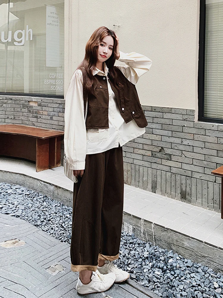 

Caramel Workwear Vest Wide Leg Pants Set Women's Casual Agel irt Tee Piece Set Faionable Spring Autumn New Arrival