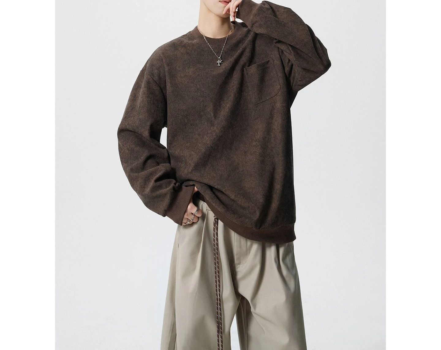 Tie-dye Design Pocket Sweater Men's 2026 Spring Heavy Round Neck Pullover