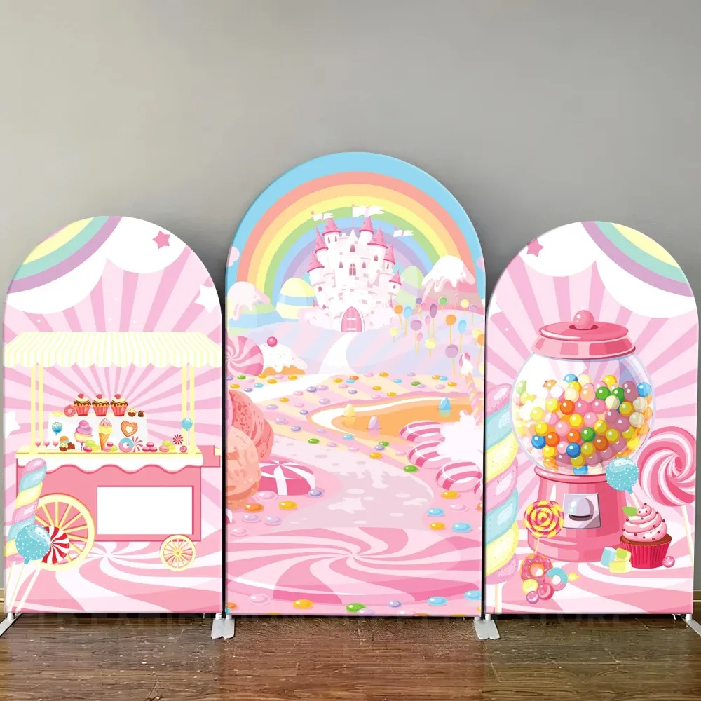 كاندي لاند الوردي حفلة قوس خلفية فتاة عيد ميلاد الاطفال استحمام الطفل دونت التصوير خلفية غطاء ديكور الحفلات دنة النسيج