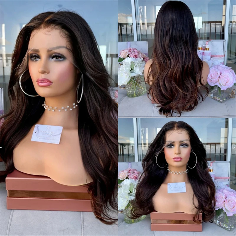 

Dark Brown Balayage Synthetic HD Lace Front Wig 26'' Long Natural Wavy Heat Resistant Fiber Deep Parting Wig Beginner Friendly